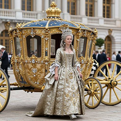 Photograph of a blonde woman in an ornate gold and blue royal carriage, wearing an elaborate golden dress and crown, standing in front of a grand