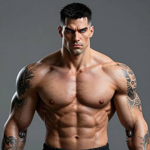 Photograph of a muscular, tattooed, shirtless man with short black hair, blue eyes, and defined abs, standing against a gray background.