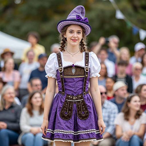 Photograph of a young woman with braided hair, wearing a purple Bavarian-style dress and hat, standing in front of a blurred crowd outdoors.