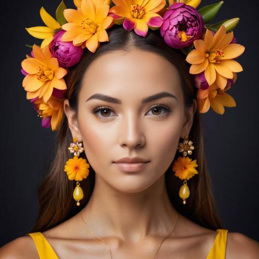 Portrait of Woman with Vibrant Floral Headdress