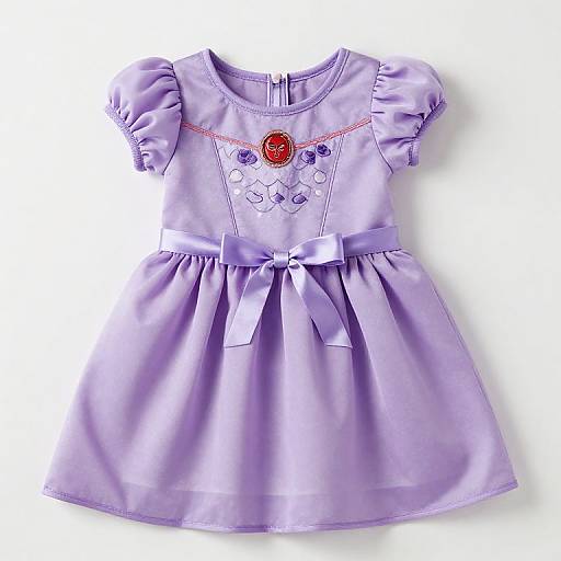 Photograph of a lavender, short-sleeved, satin dress with puffed shoulders, red gemstone necklace, embroidered butterfly, and satin bow at