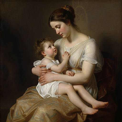 Baroque-style painting of a fair-skinned woman with brown hair, wearing a sheer white dress, gently holding a young child in a white dress,