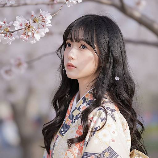 Photograph of an East Asian woman with long black hair, wearing a floral kimono, standing amidst blooming cherry blossoms, looking thoughtfully to