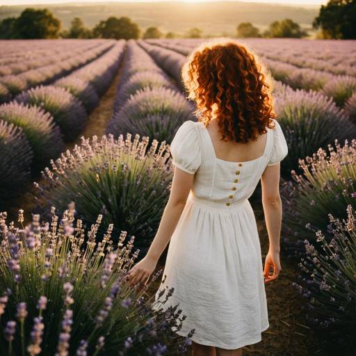 Woman in White Dress in Lavender Field at Sunset