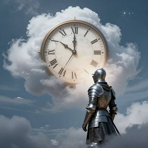 Photograph of a knight in shiny armor, facing a large, clock-like face floating in a cloudy blue sky, with sunlight behind the clock.