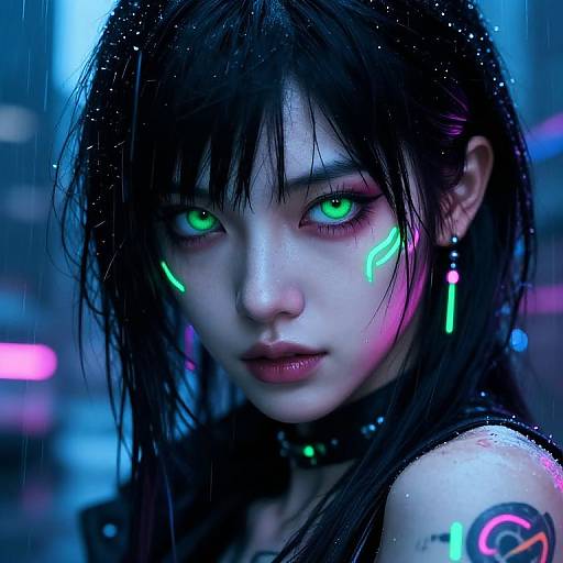 Cyberpunk digital artwork of an Asian woman with glowing green eyes, wet black hair, neon makeup, and futuristic earrings, standing in a rainy,