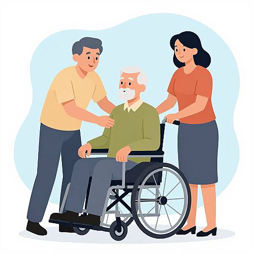Illustration of elderly white man in wheelchair, surrounded by two caring family members, one man and one woman, with blue background.