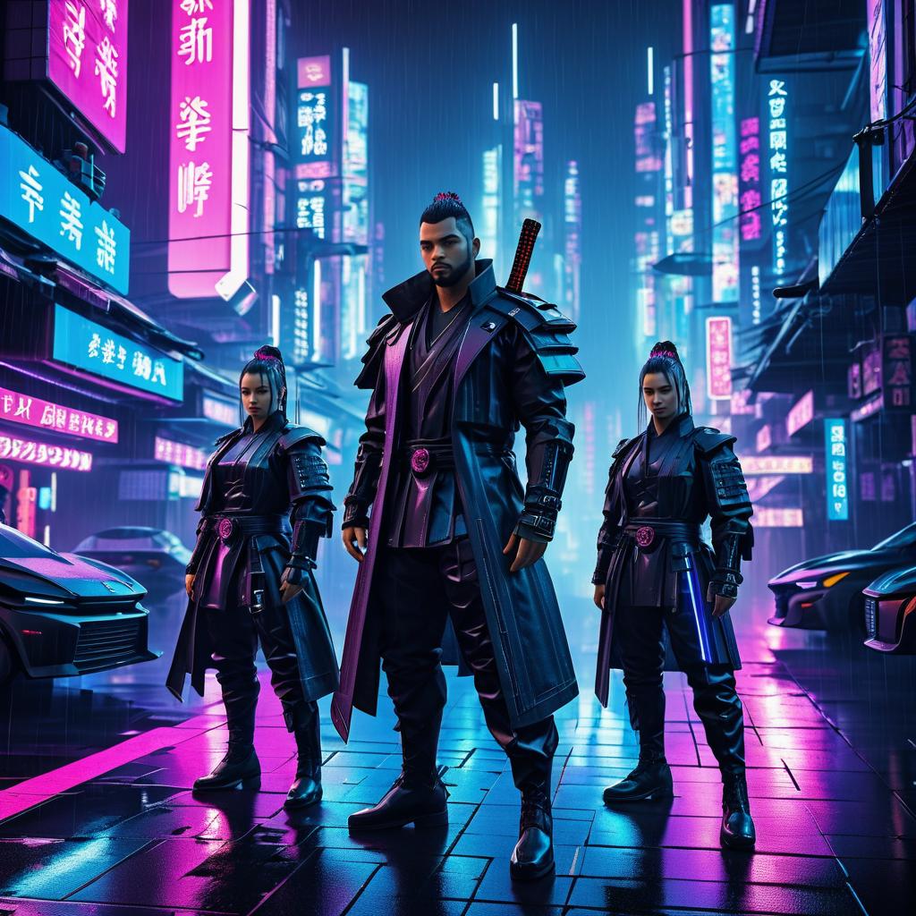 Futuristic Samurai in Neon Urban Jungle