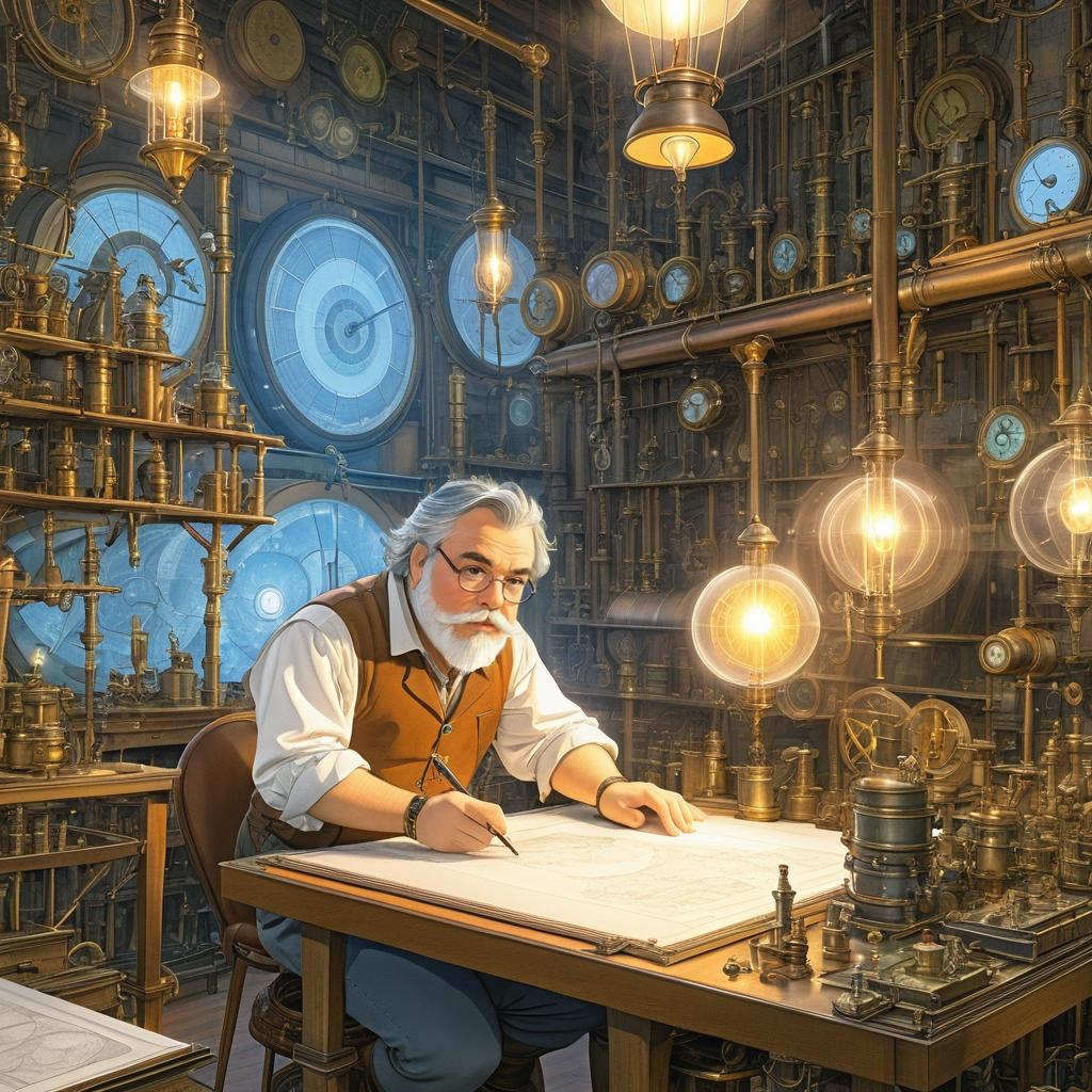 Steampunk Inventor in a Detailed Workshop