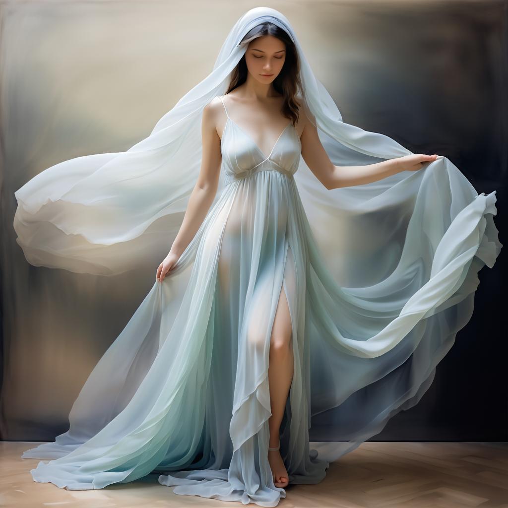 Ethereal Veiled Girl in Soft Drapery