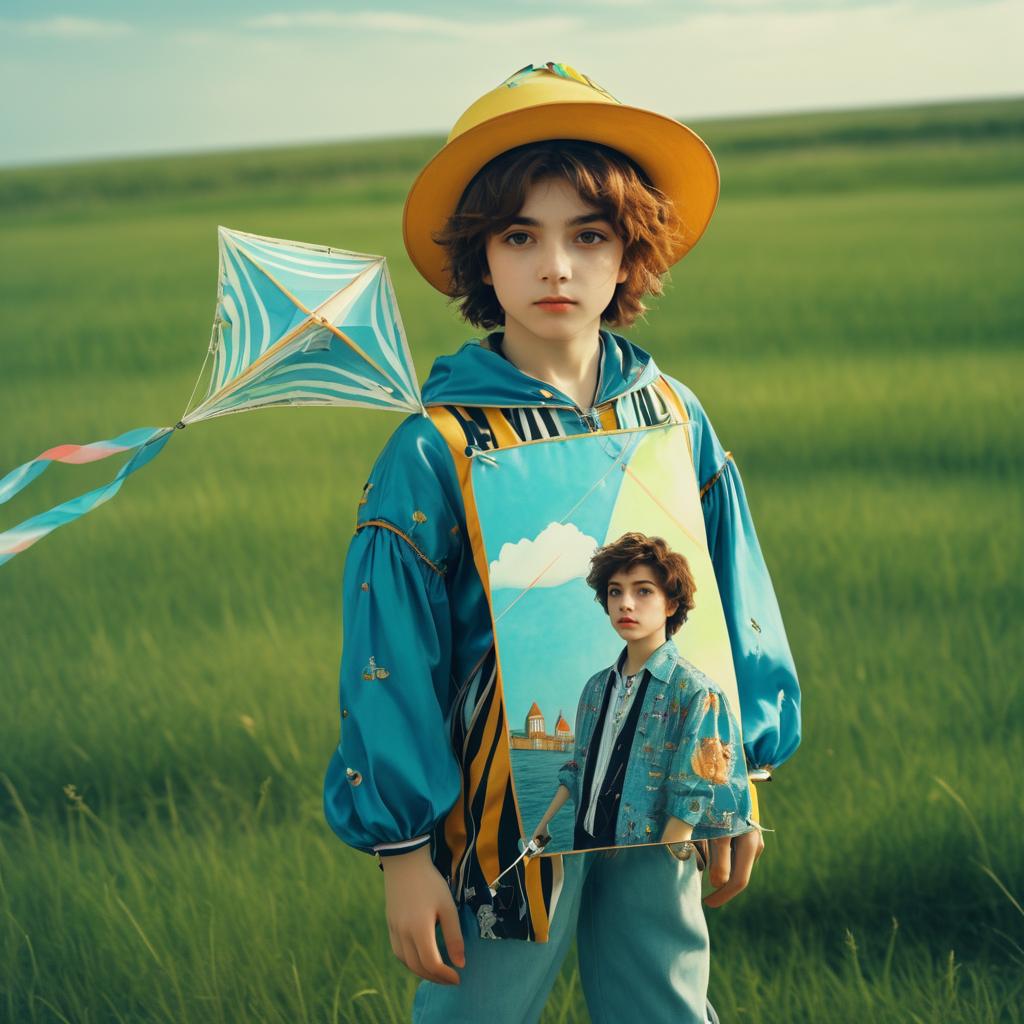 Whimsical Boy with Kite in Neo-Pop Style