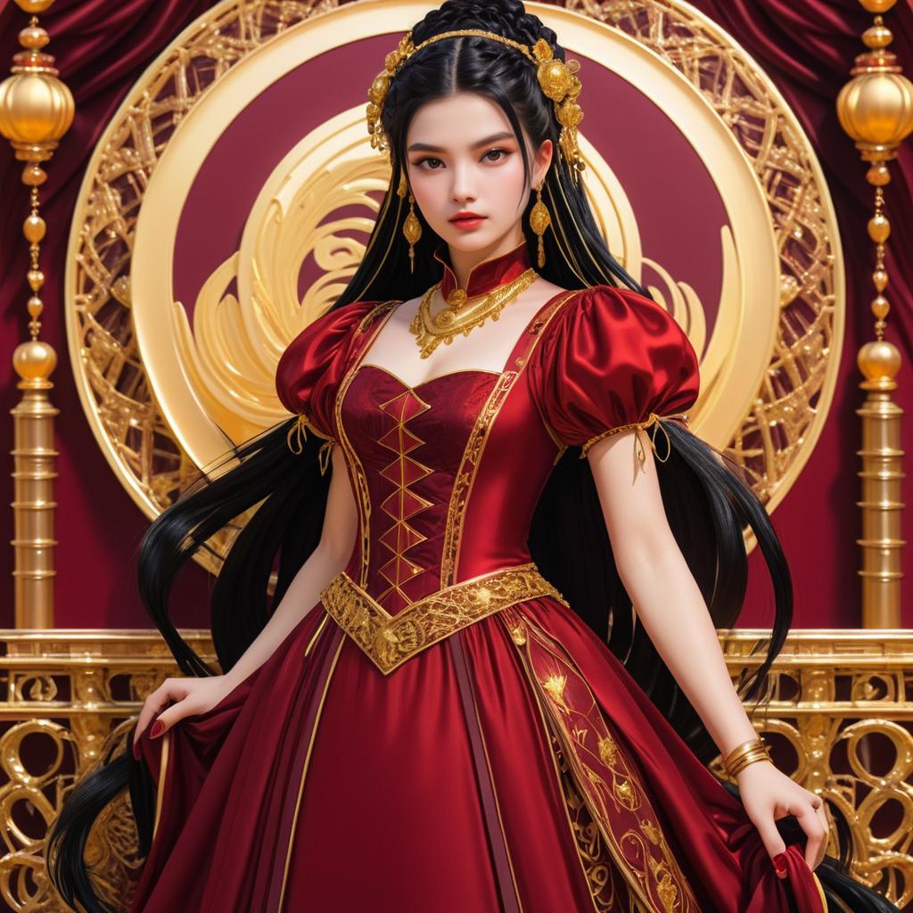 Anime Girl in Burgundy and Gold Elegance