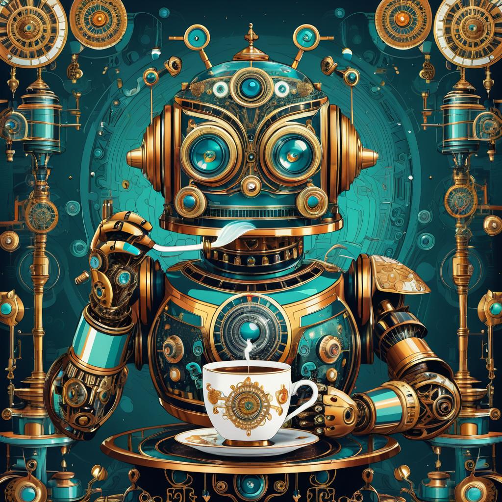 Whimsical Vintage Robot Enjoying Coffee