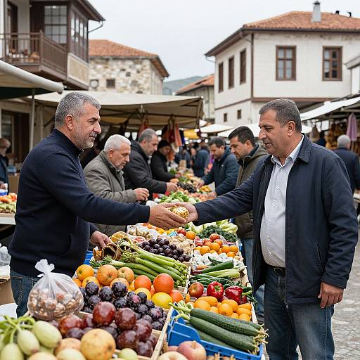 Photograph of two middle-aged men exchanging money at a vibrant outdoor market stall with colorful fruits and vegetables, surrounded by other shoppers and historic buildings.