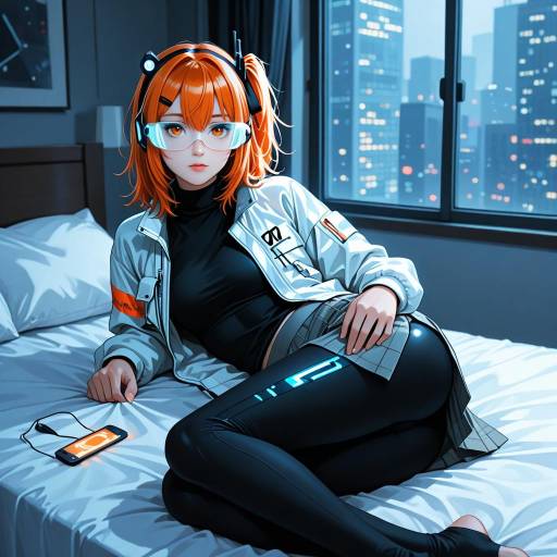 Expressionless Android Girl on Bed