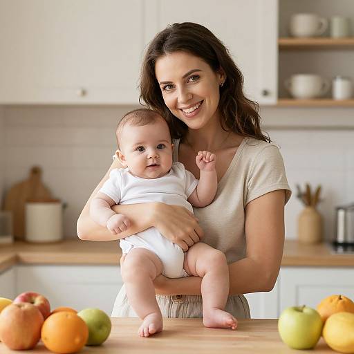 Photograph of smiling brunette woman in white shirt holding baby in white onesie, standing in bright kitchen with fruit on counter.
