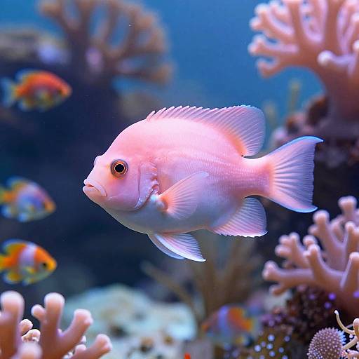 Photograph of a glowing, pink-and-white angelfish swimming among colorful coral and other fish in a vibrant, blue underwater scene.