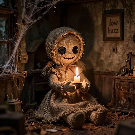 Photograph of a creepy, handmade doll with black eyes, stitched smile, and frayed hood, holding a lit candle in a dark, dusty,