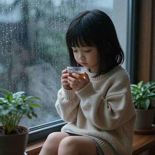 Photograph of a young Asian girl with black hair, wearing a white sweater, sitting by a rainy window, sipping tea, surrounded by potted