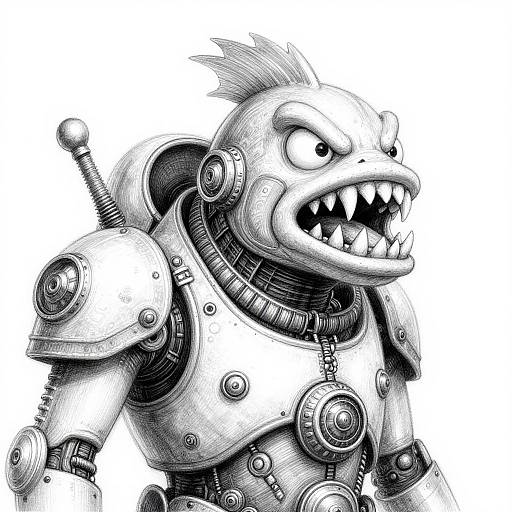 Black-and-white digital drawing of an angry, snarling, robotic creature with sharp teeth, mechanical armor, and exposed gears, resembling a cyborg