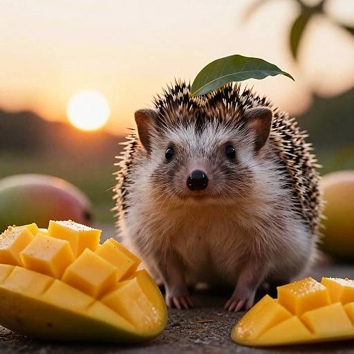 Hedgehog with Leaf on Head and Ripe Mangoes at Sunset