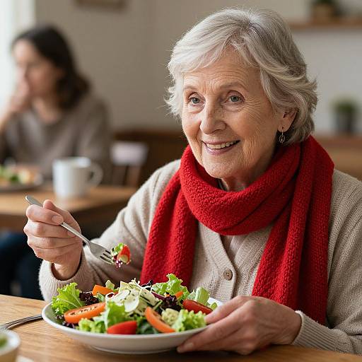 Photograph of an elderly woman with short gray hair, red scarf, beige coat, smiling while eating a colorful salad in a cozy café. Blurred