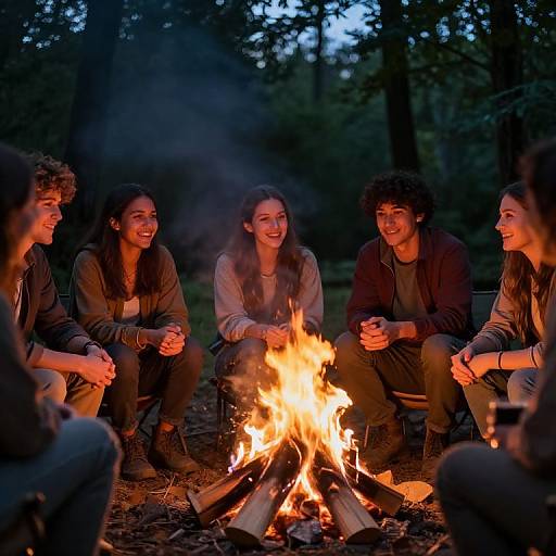Photograph of five smiling young adults, three women and two men, sitting around a glowing campfire in a dark forest at twilight.