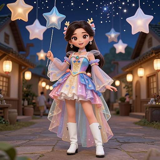 Digital anime-style illustration of a cute, dark-haired girl in a pastel-colored, star-themed dress, holding a star wand, standing on a nighttime