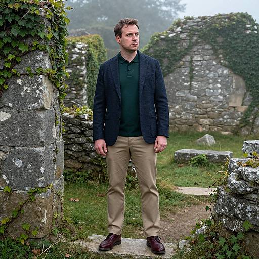 Photograph of a serious, light-skinned man with short brown hair, wearing a dark blazer, green polo, beige pants, and brown shoes