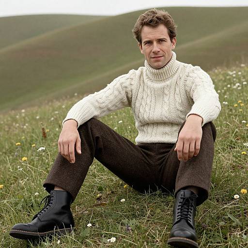 Photograph of a man with short brown hair, wearing a white knitted sweater, brown pants, and black boots, sitting on a grassy hill