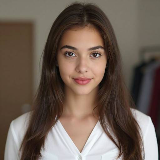 Photograph of a young woman with long, straight dark brown hair, light olive skin, brown eyes, and wearing a white V-neck shirt, standing