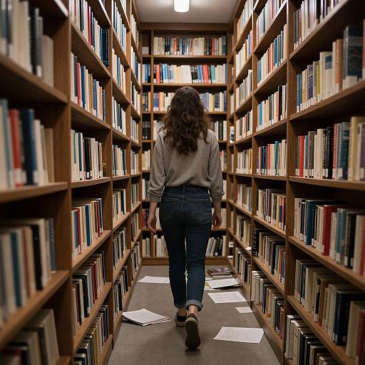 Photograph of a woman with curly brown hair, wearing a gray blouse and blue jeans, walking down a narrow, wooden bookshelf-lined library aisle.