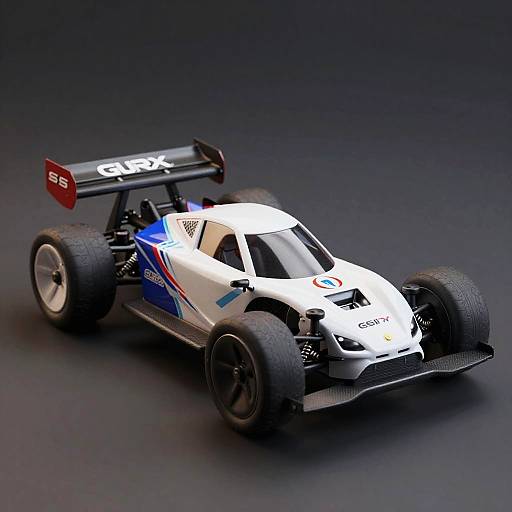 Photorealistic CGI of a white, blue, and red GT3 race car with large tires, 