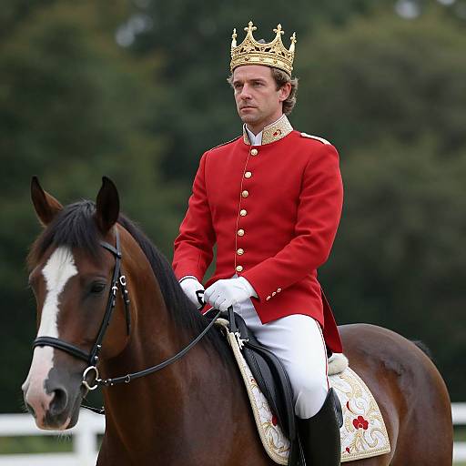 Photograph of a handsome, serious-looking man in a red military-style coat and gold crown, riding a black-and-white horse outdoors.