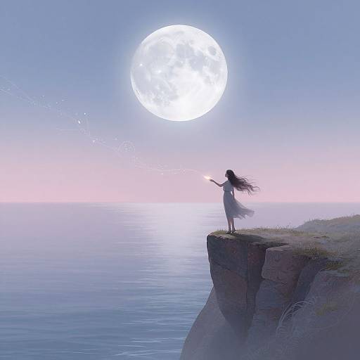 Digital anime-style artwork of a silhouetted girl with long hair, standing on a cliff, arms outstretched, gazing at a bright