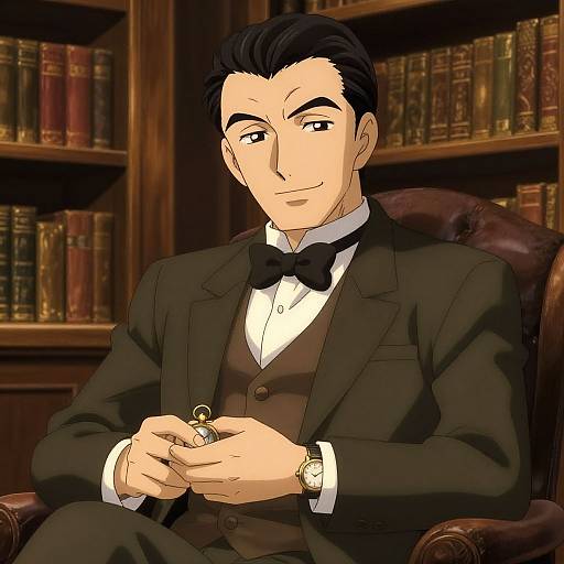 Anime-style digital drawing of a handsome man in a black suit, bow tie, and watch, seated in a library, examining a ring.