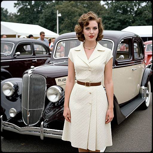 Photograph of a 1950s-style woman with curly brown hair, red lipstick, and white dress, standing in front of classic black-and-white