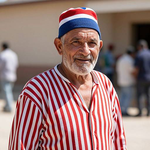 Photograph of an elderly African man with a gray beard, wearing a red, white, and blue striped cap and shirt, smiling outdoors against a blurred