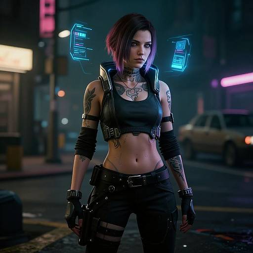 CGI cyberpunk woman with purple bob, black leather crop top, arm braces, and glowing blue implants, standing on a neon-lit urban street