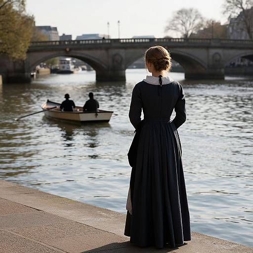 Photograph of a woman in a black Victorian dress with white collar, standing by a river, watching a rowboat with two men under a sunlit