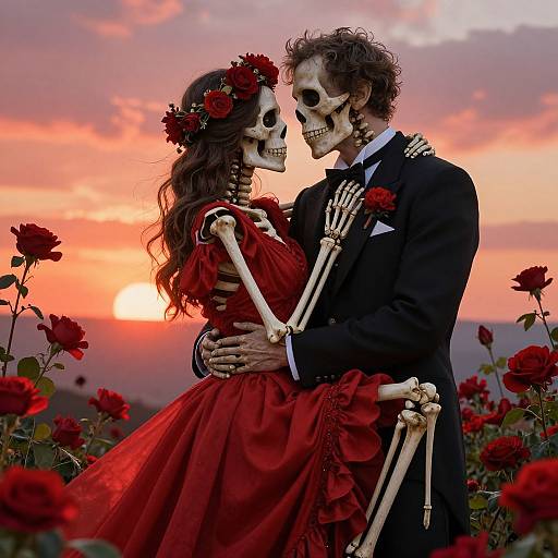 Photograph of two skeletal figures in red dresses, one with flowers in hair, embracing in a sunlit rose field at sunset.