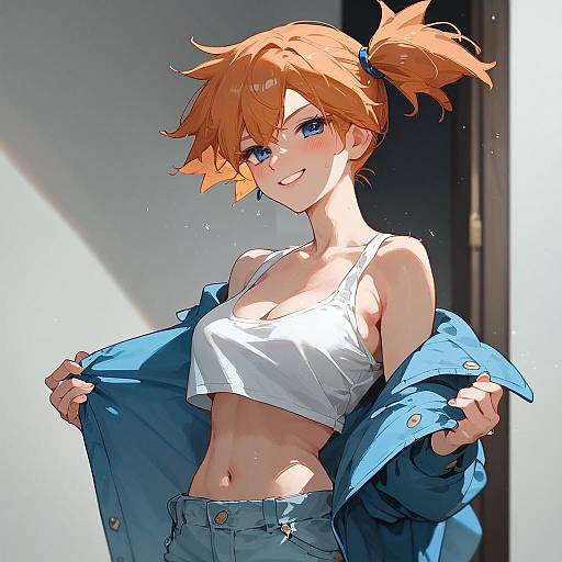 Digital anime-style illustration of a cute, smiling red-haired girl with blue eyes, wearing a white crop top, blue jeans, and unbuttoned blue