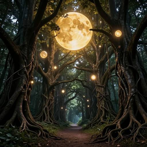 Photograph of a mystical forest path with towering trees, illuminated by glowing orbs and a large, luminous full moon.