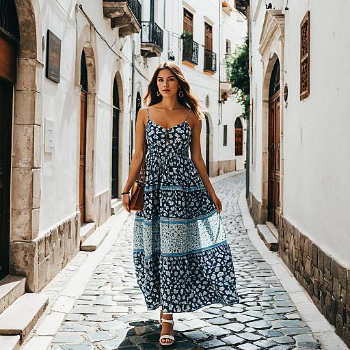 Woman in Floral Maxi Dress Walking in European Alley