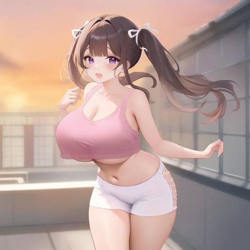 Anime Girl with Brown Twintails on Rooftop at Sunset