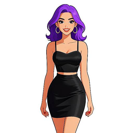 Digital illustration of a smiling woman with vibrant purple hair, wearing a black spaghetti strap crop top and matching skirt, large hoop earrings, and standing against a