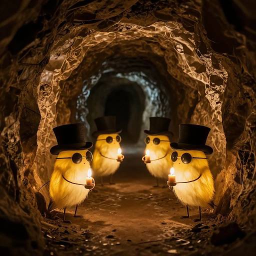 Photograph of three yellow, owl-shaped lamps with black top hats, lit and standing in a dimly lit, textured cave tunnel.