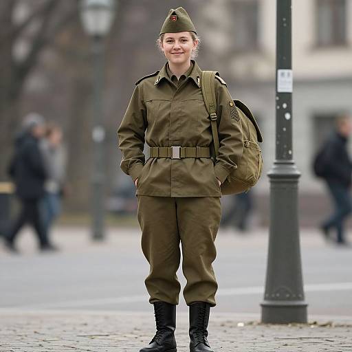 Photograph of a young woman in a vintage WWII German military uniform with green jacket, brown pants, black boots, and a military cap, standing on