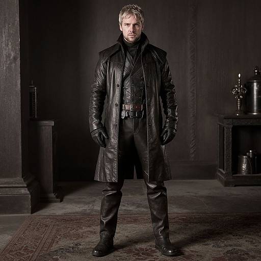Photograph of a serious-looking man with short blonde hair, wearing a black leather trench coat, gloves, and black pants, standing in a dimly