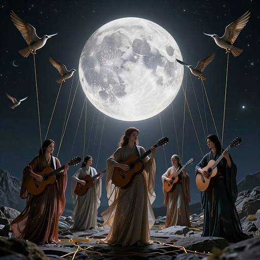 Photograph-style digital art: Six biblical figures, dressed in flowing robes, play lutes beneath a glowing full moon, with birds tethered by strings